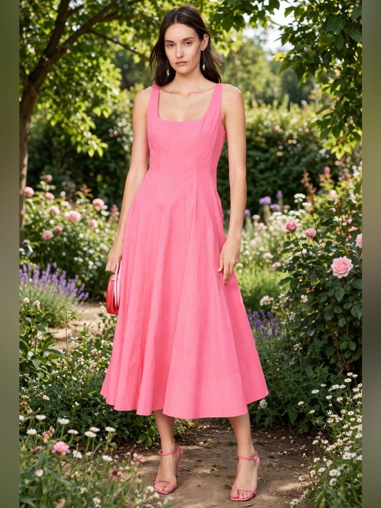 STAUD Dresses & Skirts - STAUD Pink Square-Neck Midi Dress